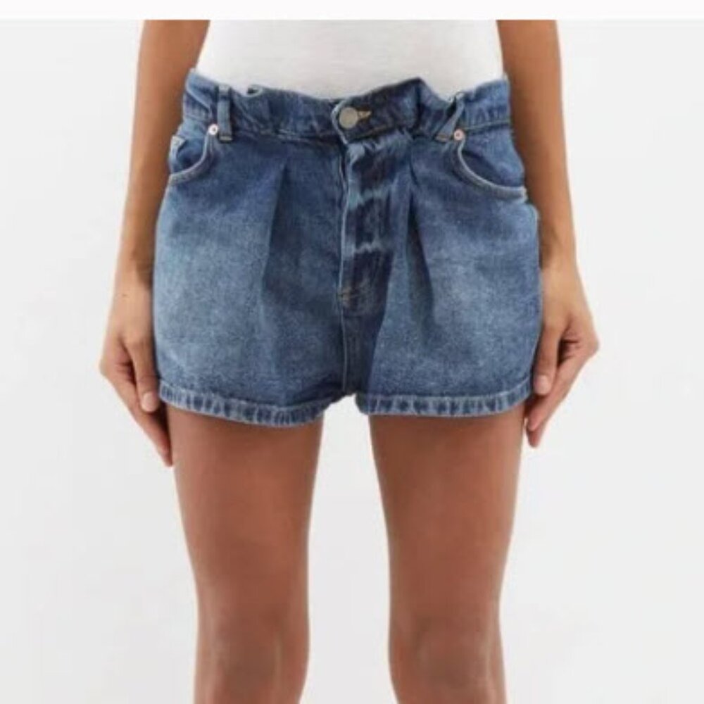 Raey Extra Fold Denim Shorts Dark Indigo Size 26 Casual  Gathered Waist Cute NWT